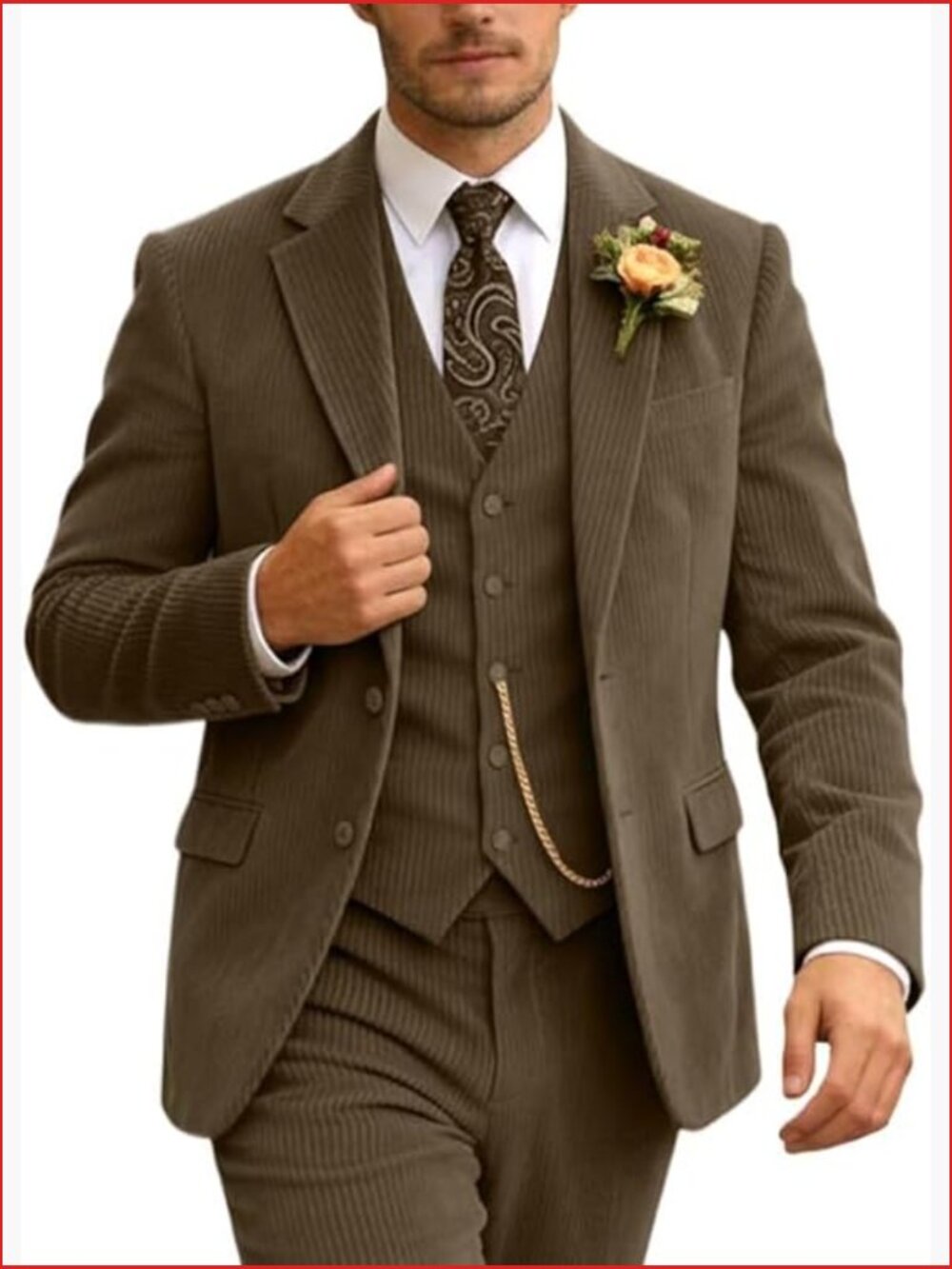 3 Piece Corduroy Suit Slim Fit Retro Velvet Blazer Jacket Vest Pants Set